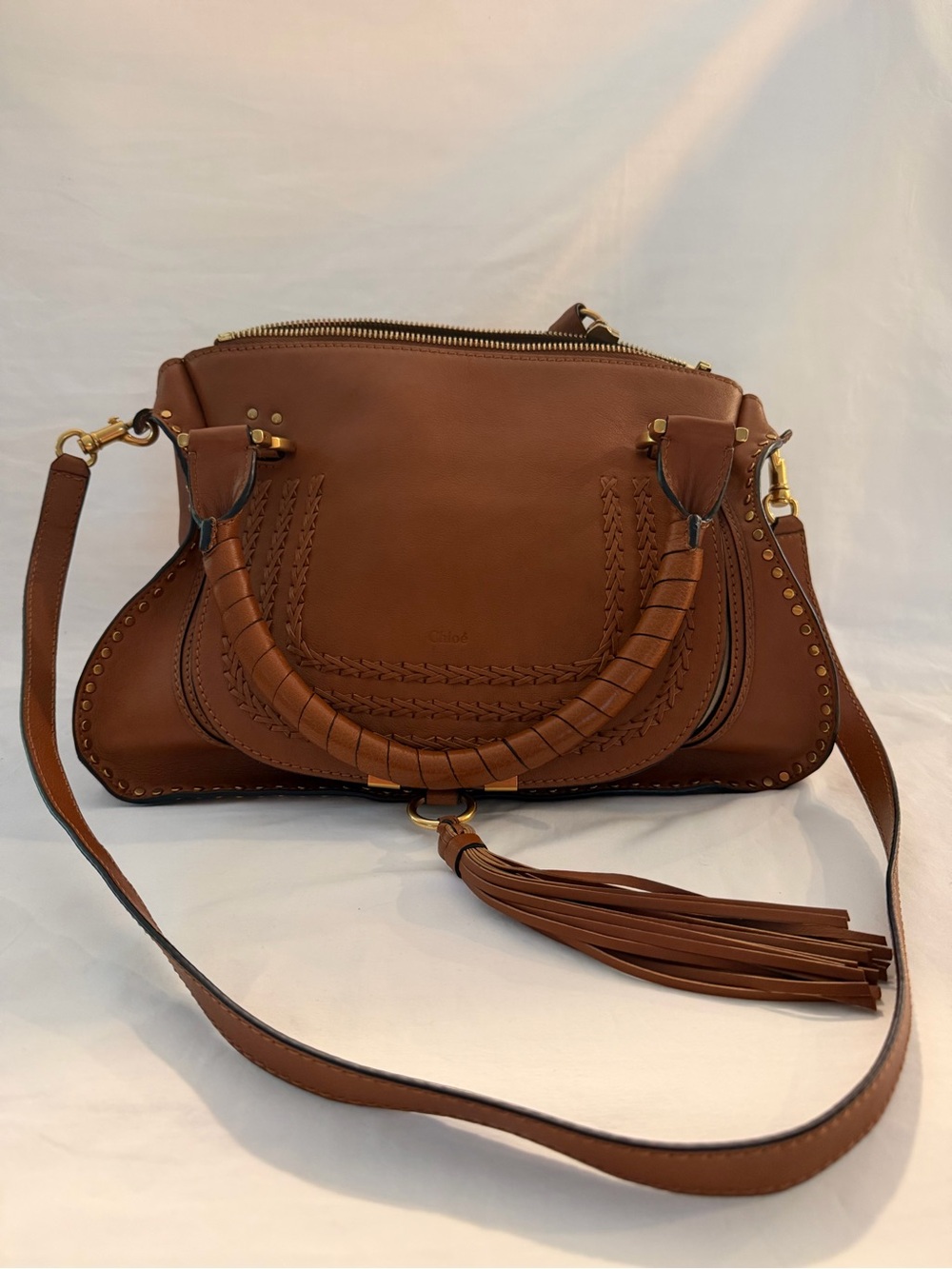 Chloé Tan Leather Marcie Studded Satchel